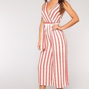 Striped Deep-V Jumpsuit with Belt